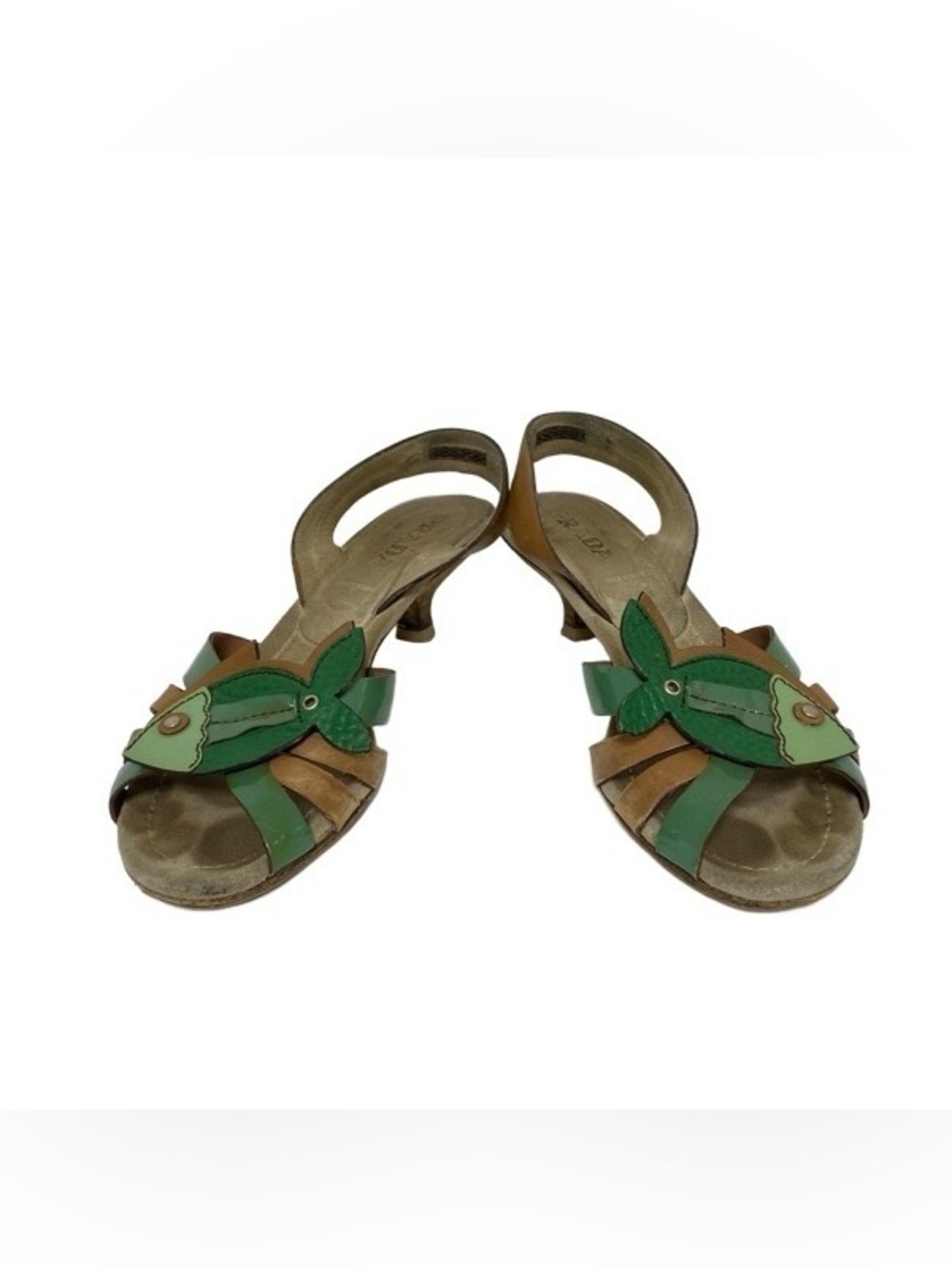 PRADA vintage Y2k Leather Fish Appliqué Kitten Heel Sandals - Size 6.5